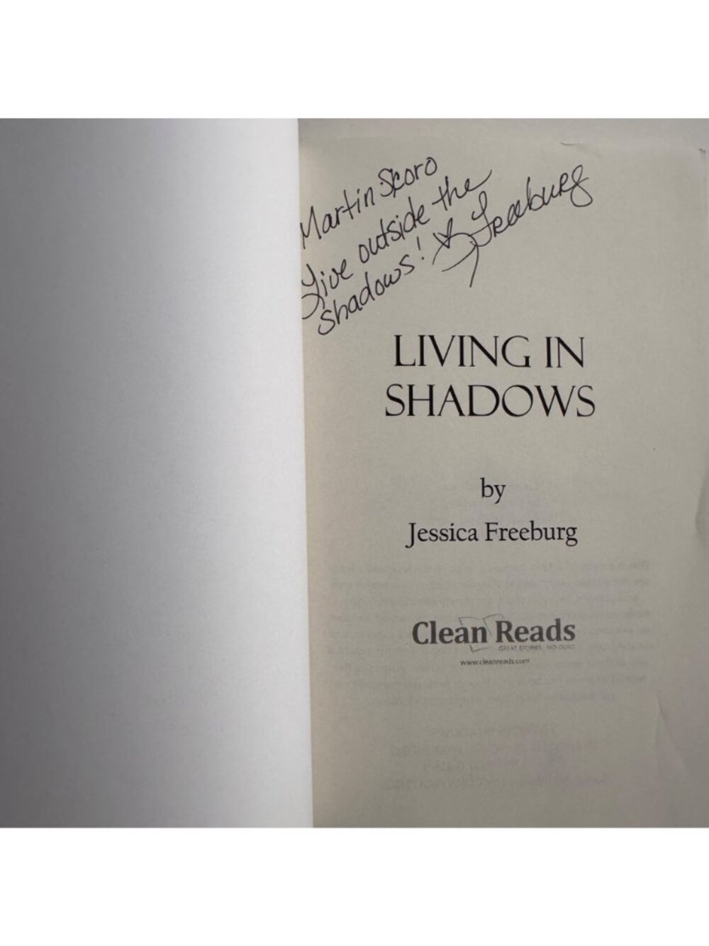 "Living In Shadows" By Jessica Freeburg  Signed Paperback 2015 Clean Reads Novel